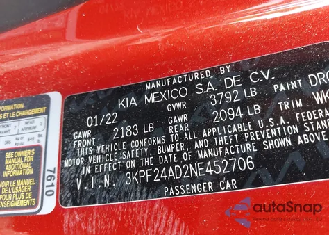 2022 Kia Forte Lxs z USA, uszkodzony, nr VIN 3KPF24AD2NE452706